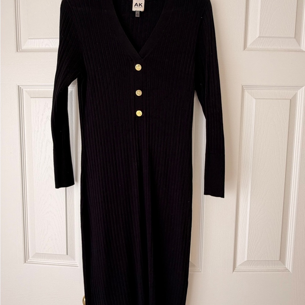 Anne Klein Black Ribbed V‑Neck Midi Dress with Gold Buttons